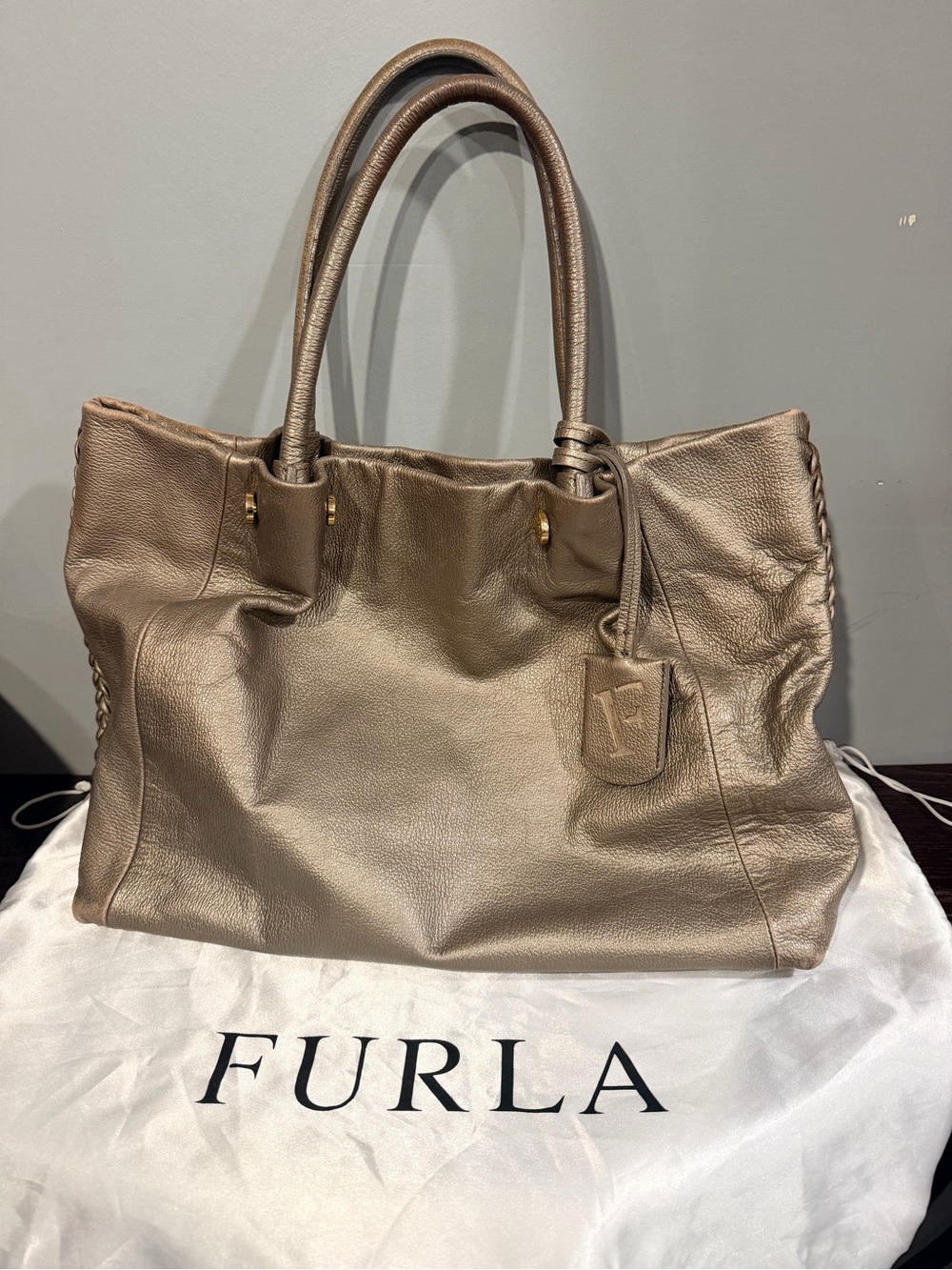 FURLA Large Metallic Taupe Leather Double-Handle Tote W/ Dust Bag